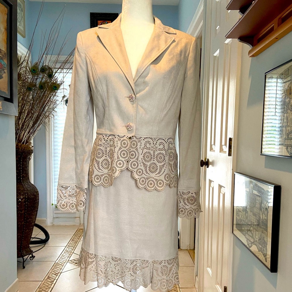 Beautiful Cream Suede Cut Out Two Piece Suit. Size 38